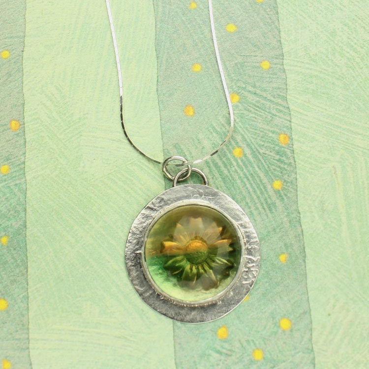Fluorite Silver Necklace, Bi Color Green Gold Fluorite Cabochon Bezel Set Flower Pendant, Sterling Silver Chain