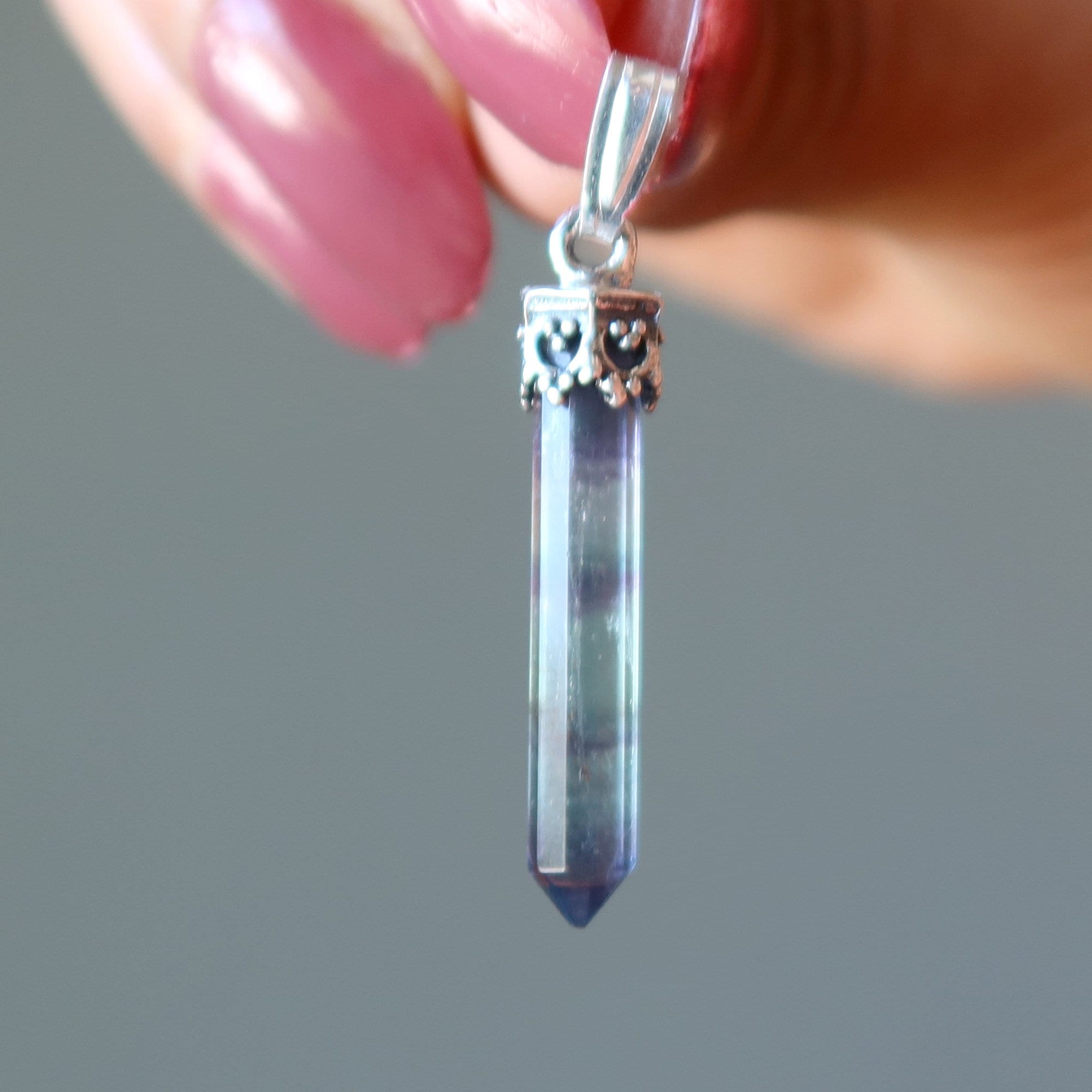 Fluorite Pendant Success Sword Rainbow Purple Stone Sterling Silver