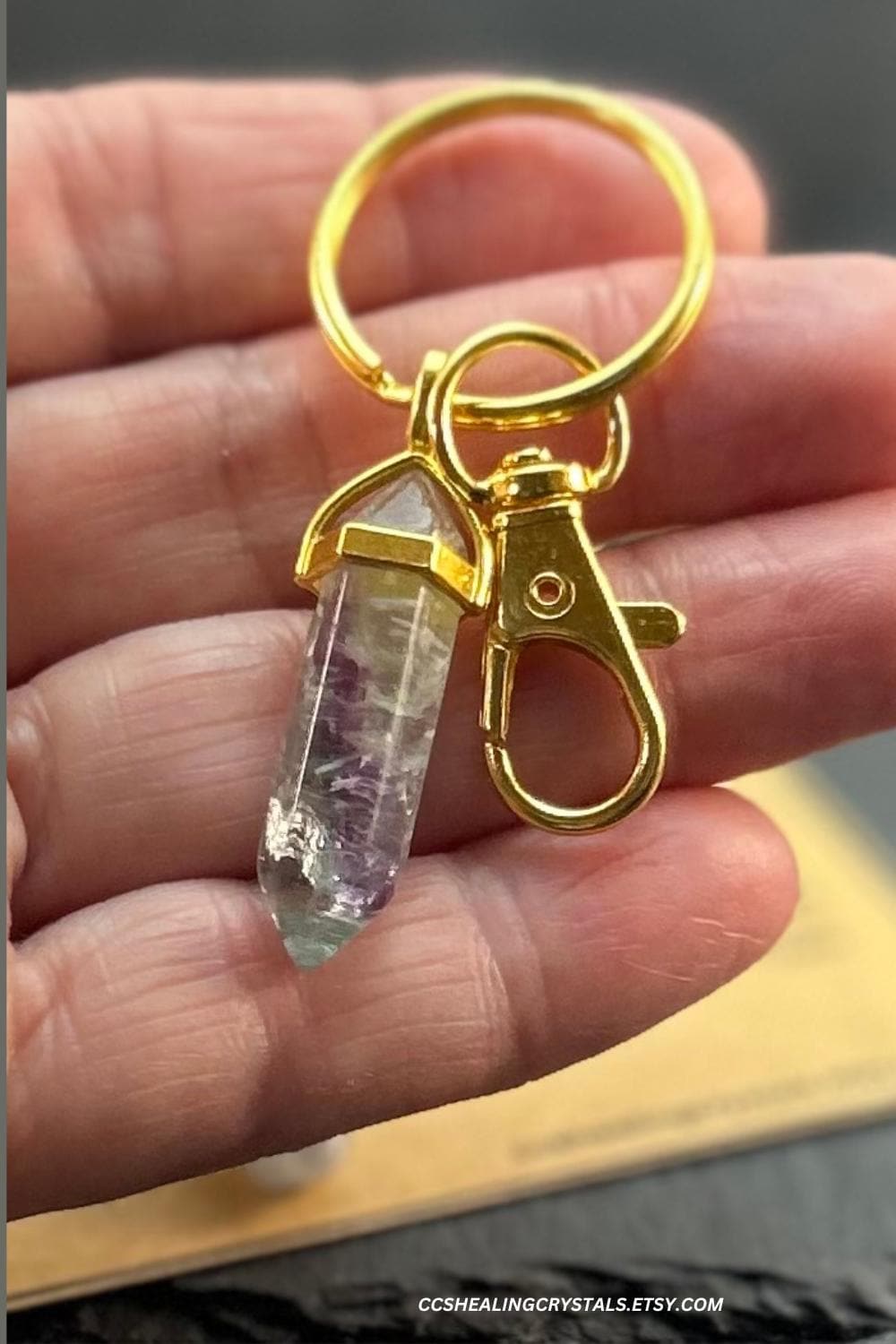 Personalized Fluorite Crystal Keychain: Natural Rainbow Point, Gold-tone Bag Charm Personalized Fluorite Crystal Keychain: Natural Rainbow Point, Gold-tone Bag Charm