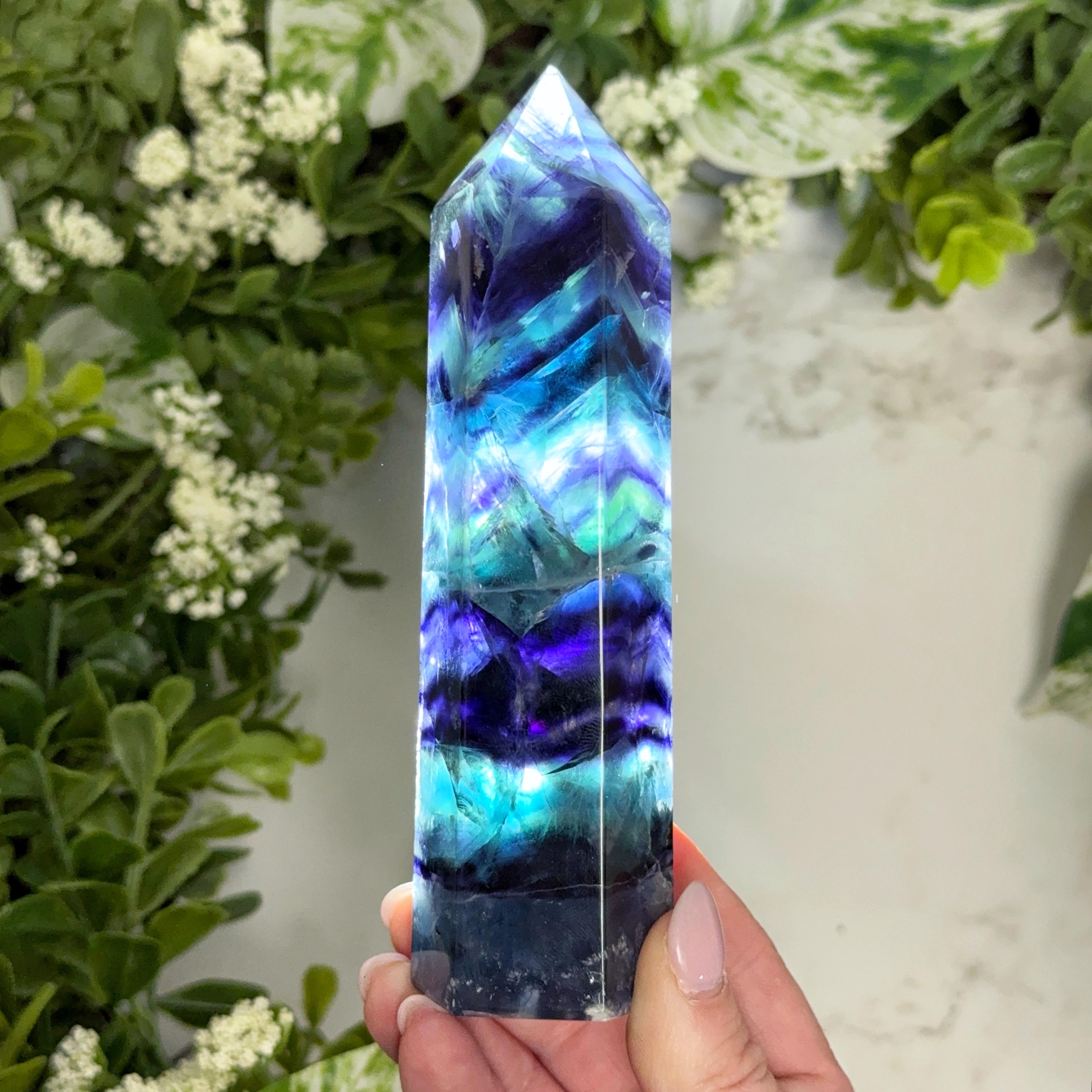 Fluorite Point | 331g | - #18 (polished Blue Crystal Tower, Throat Chakra, Healing Stone)