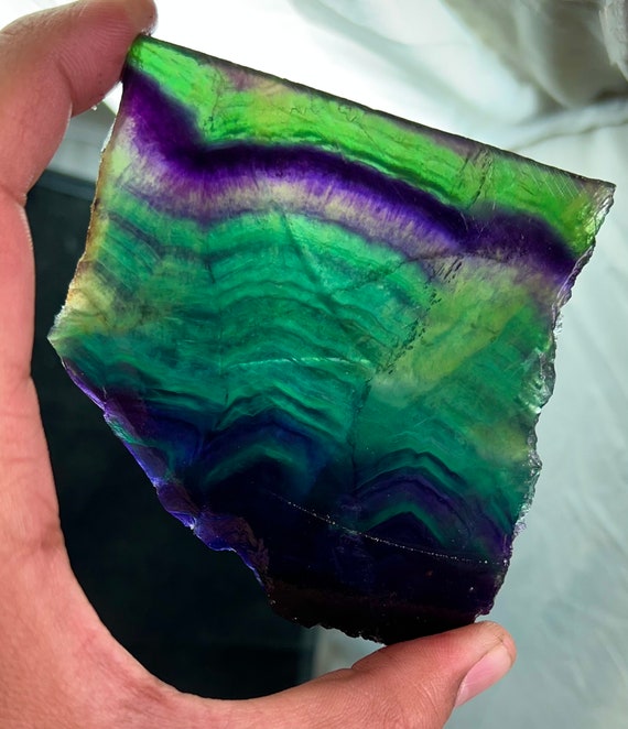 Fluorite Rough Slice 834ct | Raw Rainbow Green Fluorite Crystal Healing Stone 86x85x8mm