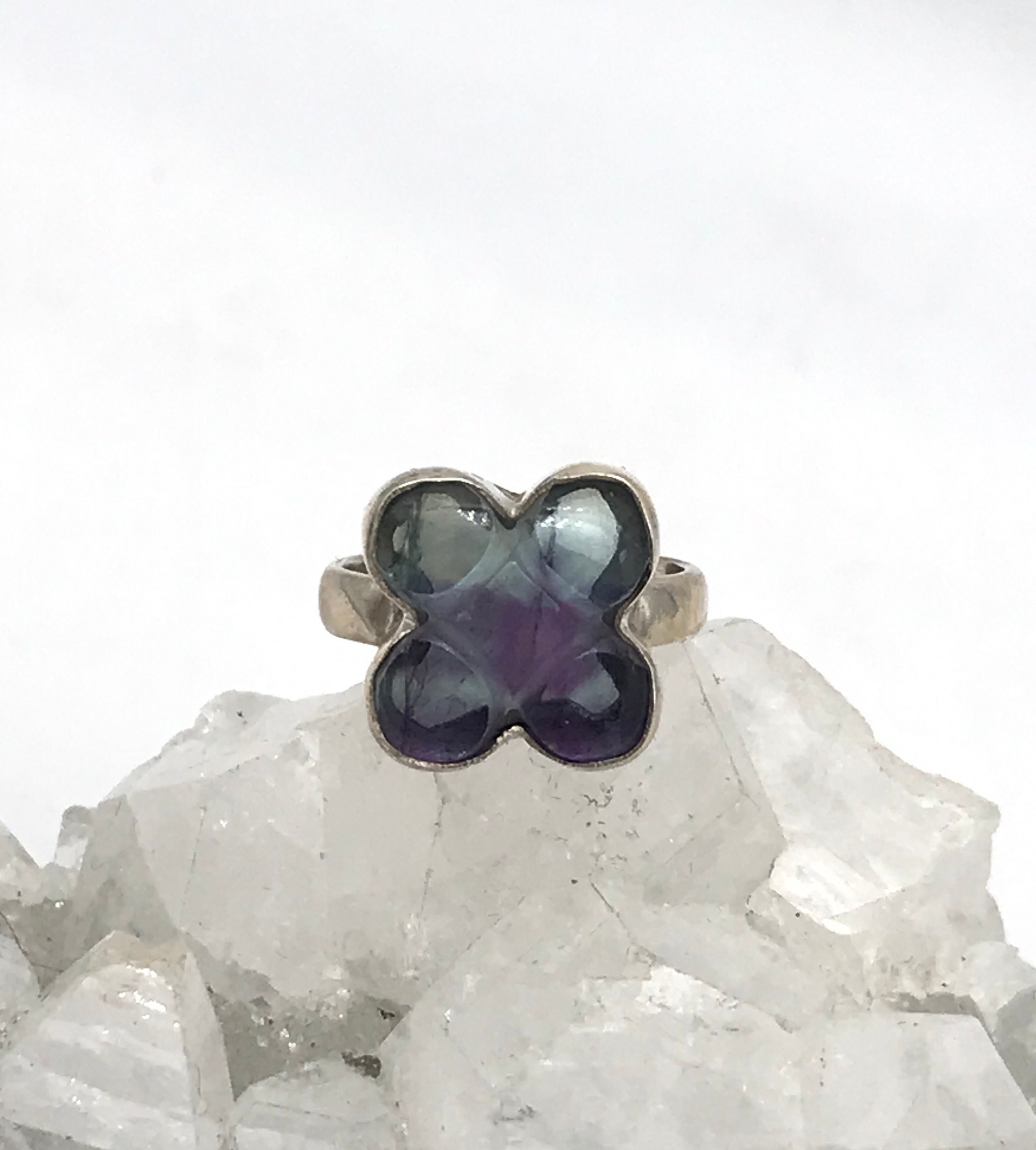 Abstract Carved Fluorite Ring Size 6 1/2
