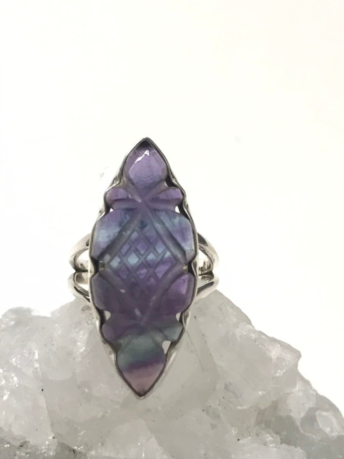 Abstract Carved Fluorite Ring Size 7