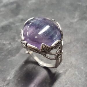 Flourite Ring, Natural Fluorite, Silver Leaf Ring, Round Purple Ring, Statement Ring, Purple Crystal Ring, Leaf Ring, Solid Silver Ring