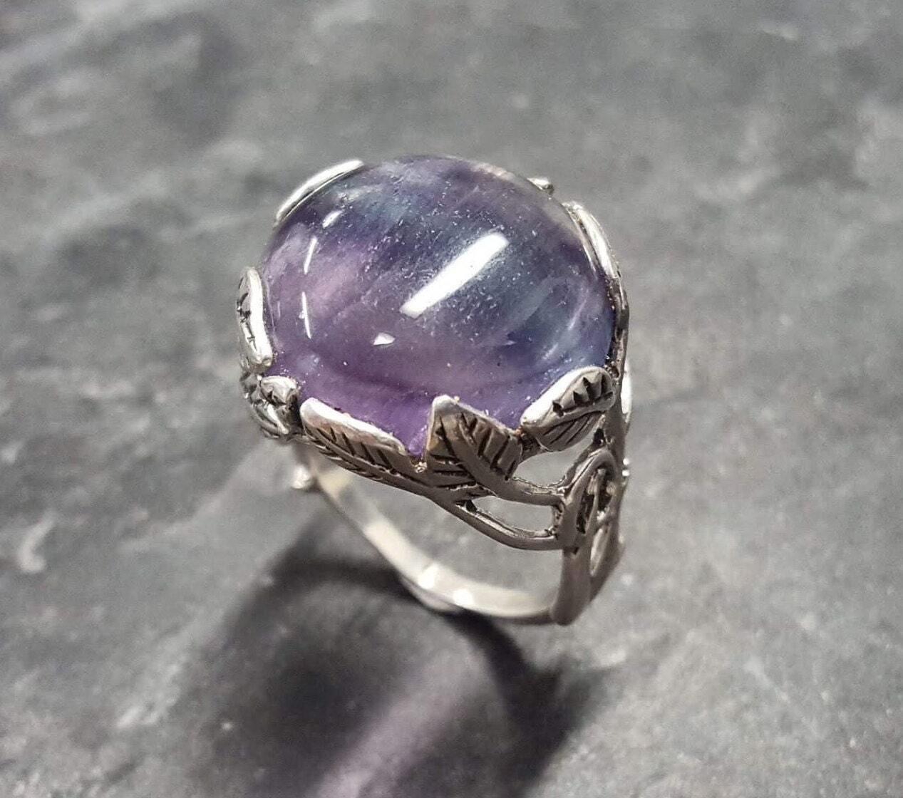 Flourite Ring, Natural Fluorite, Silver Leaf Ring, Round Purple Ring, Statement Ring, Purple Crystal Ring, Leaf Ring, Solid Silver Ring
