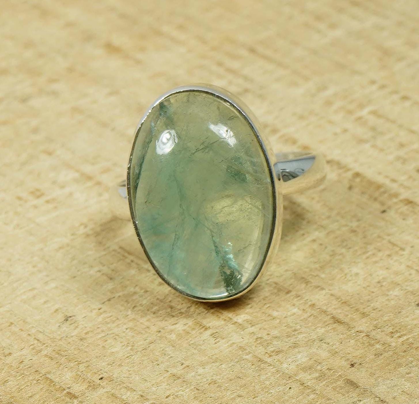 Green Fluorite Ring: Oval Gemstone, 925 Sterling Silver, Handmade