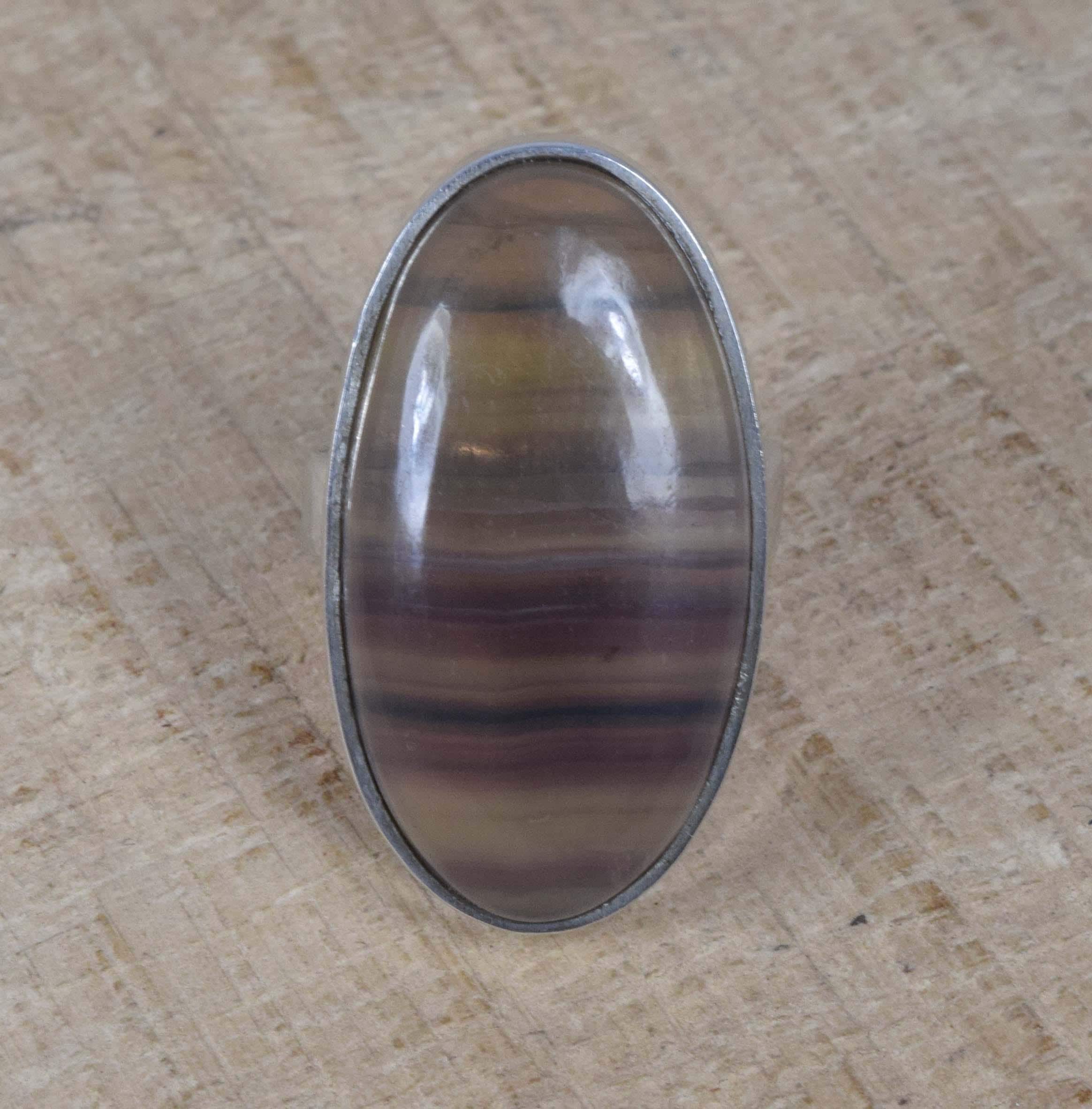 Handmade Fluorite 925 Sterling Silver Ring: Oval Gemstone, Adjustable Band- Us Size 4