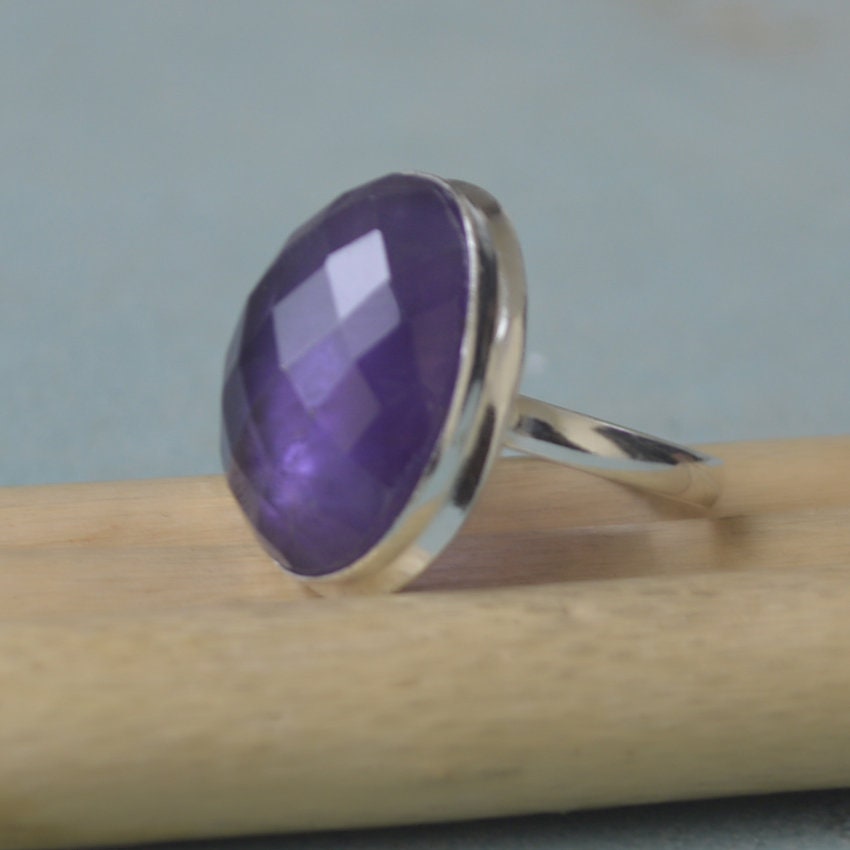 Oval Rose Cut Purple Fluorite Ring: Sterling Silver & Gold Fill