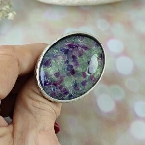 Fluorite Statement Ring: Chunky Antique Silver Adjustable Band Fluorite Statement Ring: Chunky Antique Silver Adjustable Band