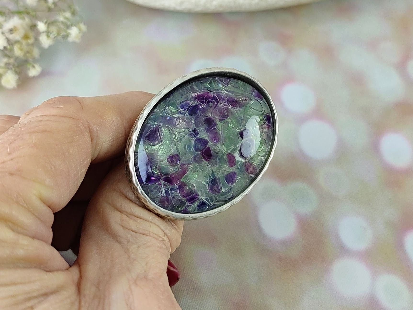 Fluorite Statement Ring: Chunky Antique Silver Adjustable Band Fluorite Statement Ring: Chunky Antique Silver Adjustable Band