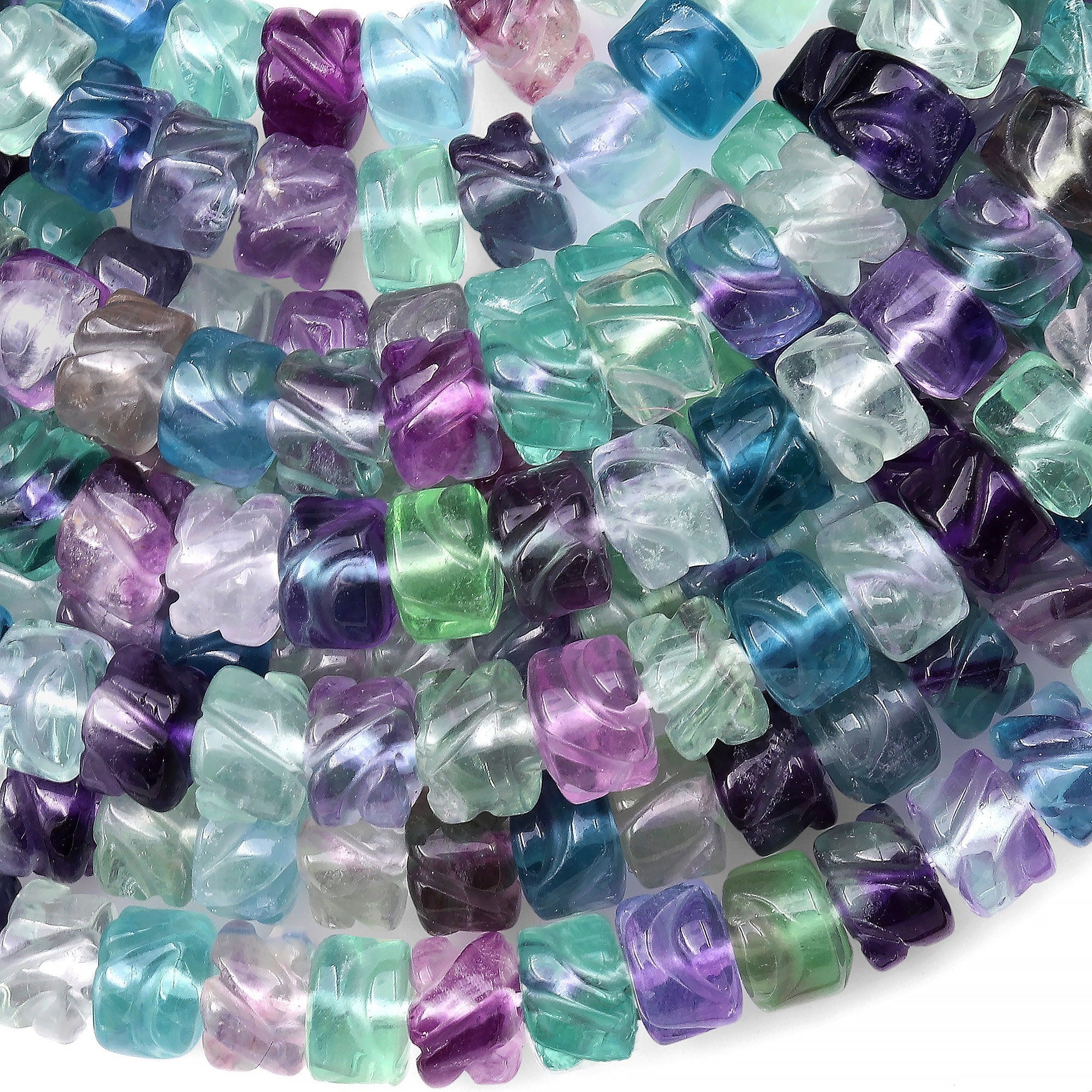 Carved Natural Green Purple Fluorite Wheel Rondelle Beads 8mm 3d Gemstone