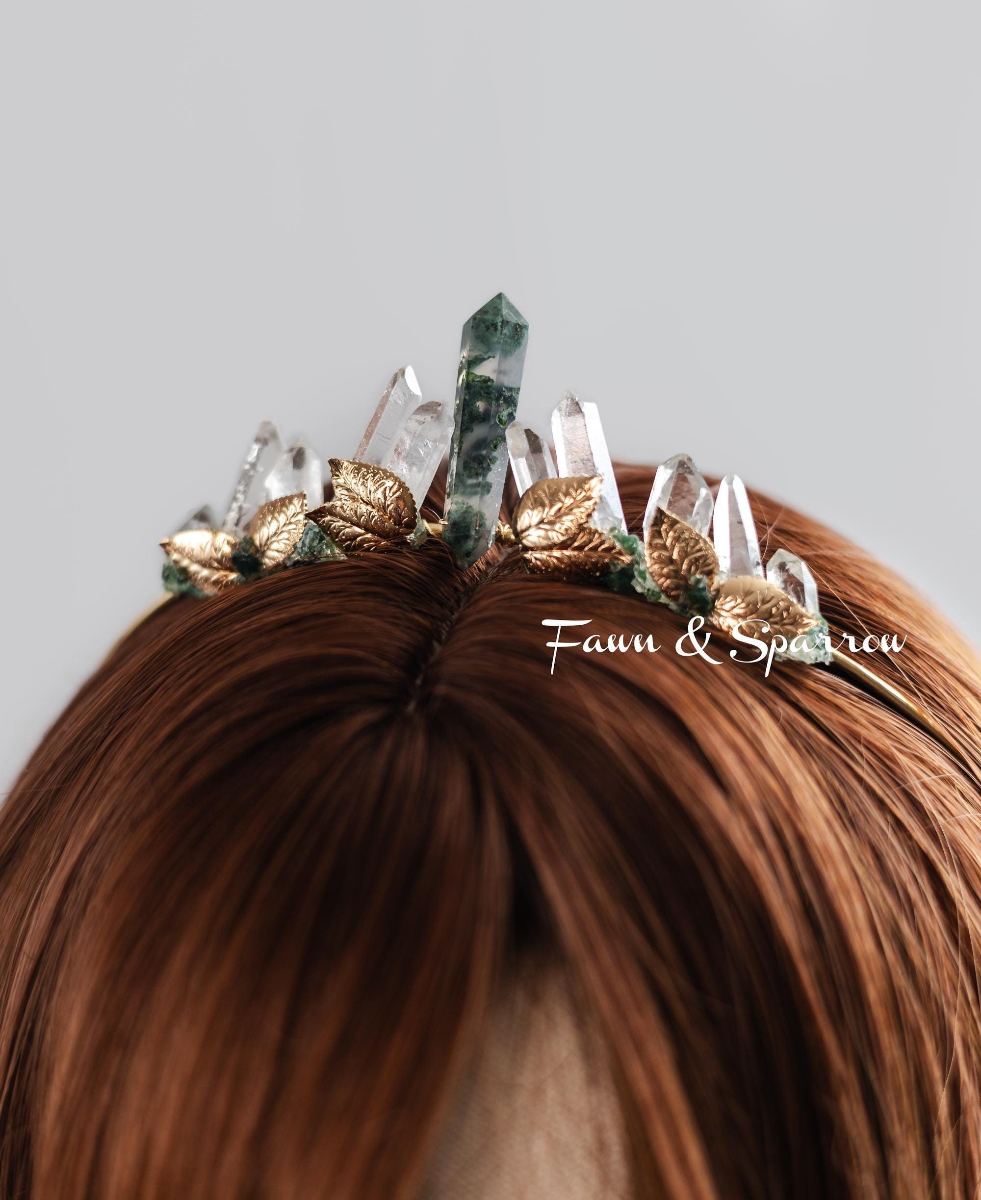 Forest Fae Mini Crystal Crown,green Fairy Wedding,moss Agate Woodland Wedding Elf Tiara,ethereal Headpiece,bridal Headband,branch,elven