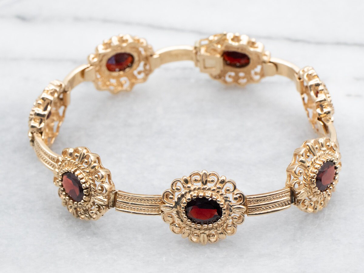 14k Yellow Gold Oval Garnet Bracelet, Ornate January Birthstone