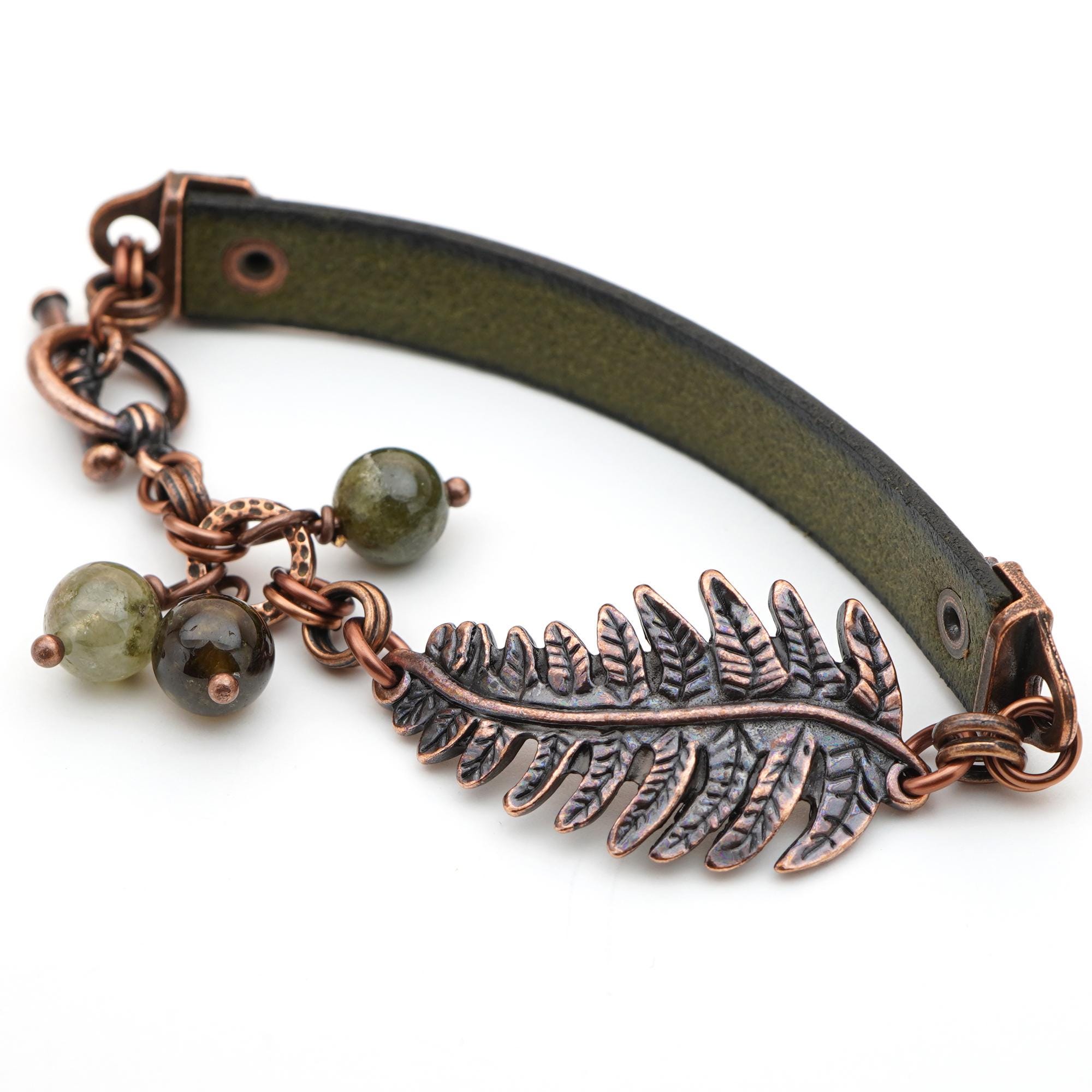 Fern Leaf Bracelet With Green Garnet Stone Beads, Copper Tones And Leather Strap, 7.5 Inches Long, Fits 6 1/4 Inch Wrist