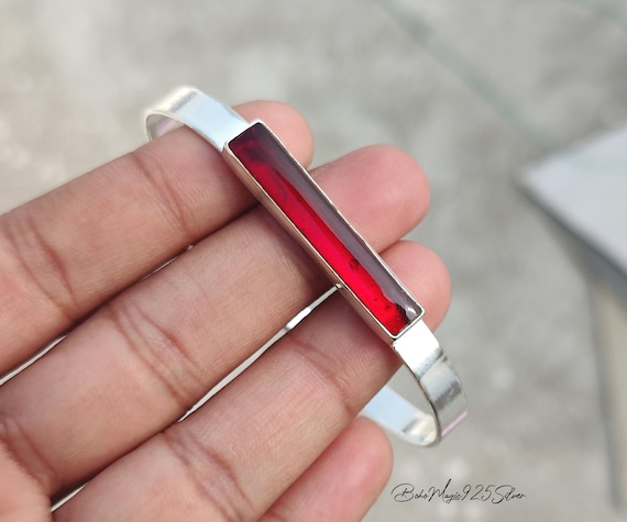 Garnet Gemstone Bangle / 925 Silver Adjustable Bracelet / Handmade Boho Jewelry Garnet Gemstone Bangle / 925 Silver Adjustable Bracelet / Handmade Boho Jewelry