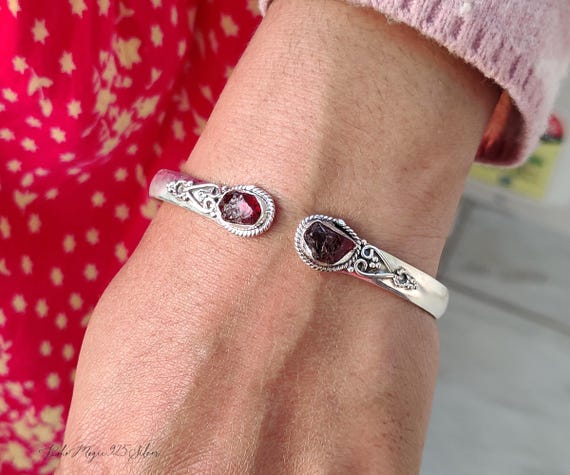 Genuine Raw Red Garnet Bangle / Handmade Sterling Silver Gemstone Boho Jewelry / Valentine Gift Items