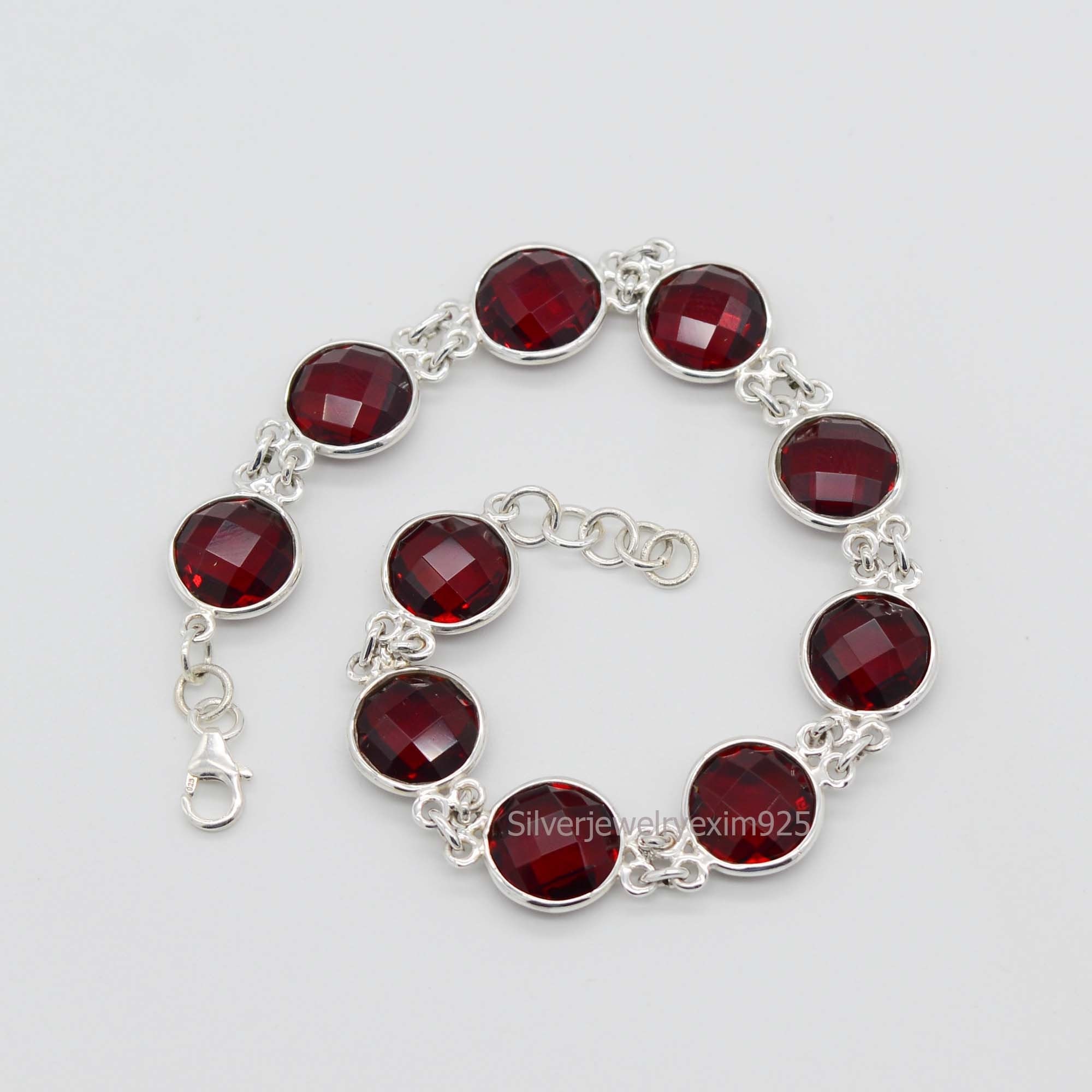 Handmade 925 Sterling Silver Red Garnet Bracelet: 10mm Round Gemstone