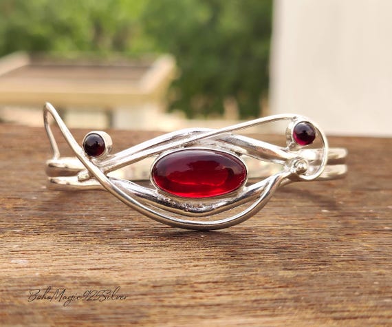 Handmade Garnet Gemstone Bangle: 925 Sterling Silver Cuff Bracelet