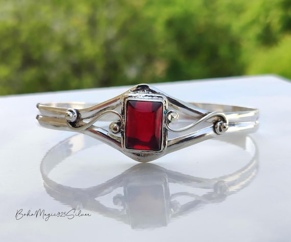 Handmade Garnet Gemstone Bangle: 925 Sterling Silver Cuff Bracelet