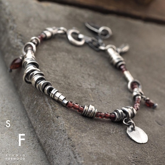 Handmade Oxidized Sterling Silver Garnet Bracelet