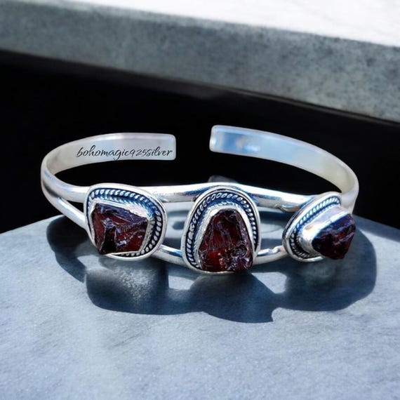 Handmade Raw Garnet Bangle: 925 Sterling Silver Adjustable Jewelry