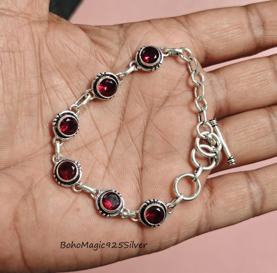 Handmade Red Garnet 925 Sterling Silver Bracelet
