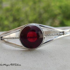 Handmade Red Garnet Sterling Silver Bangle: Adjustable Boho Cuff Handmade Red Garnet Sterling Silver Bangle: Adjustable Boho Cuff