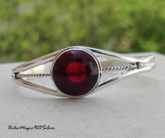 Handmade Red Garnet Sterling Silver Bangle: Adjustable Boho Cuff