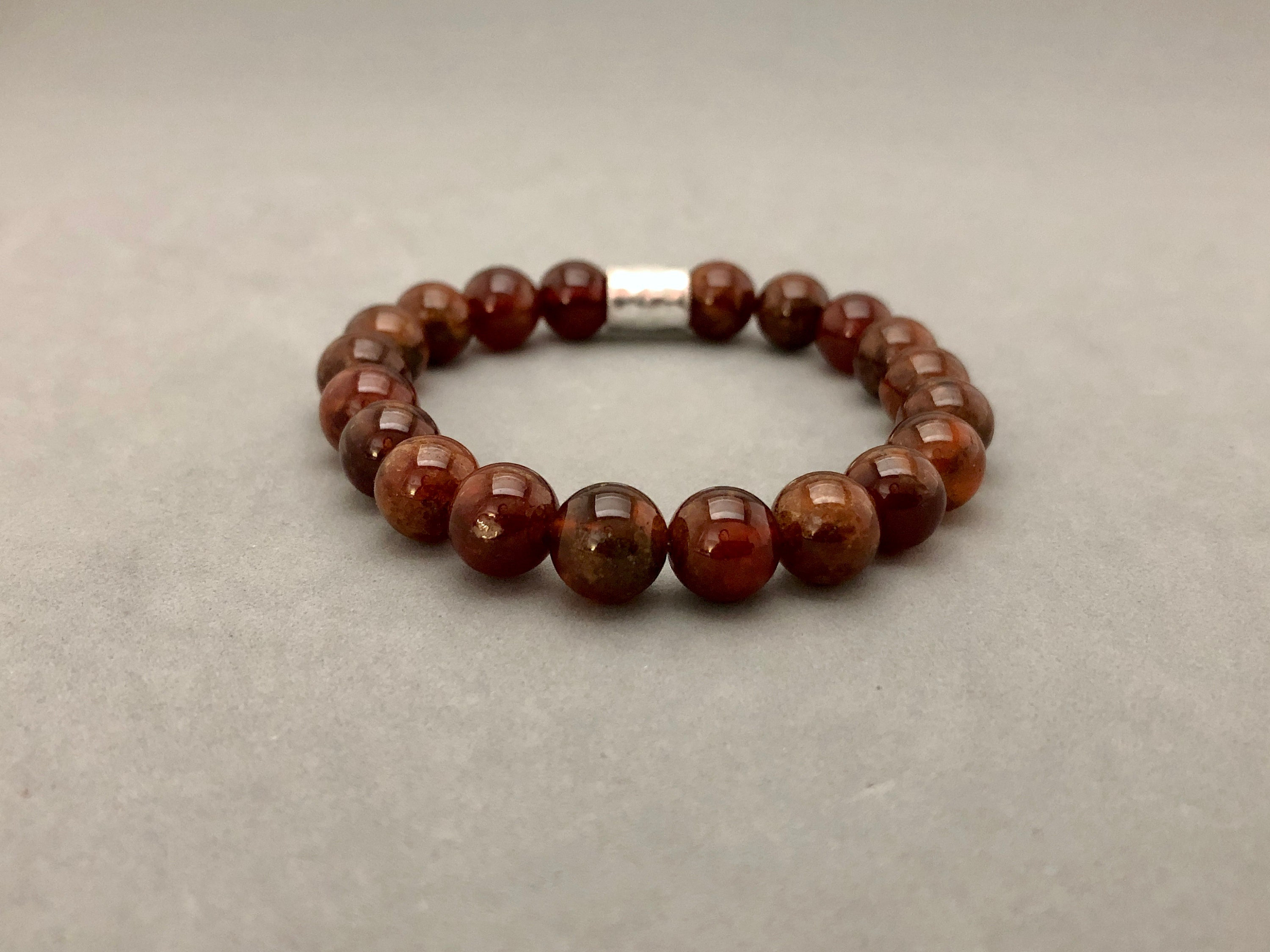 Hessonite Orange Garnet And Karen Hill Tribe Silver Tube Accent Bead Stretch Bead Bracelet For Sacral Chakra, Wealth, Motivation, Creativity