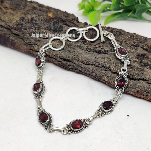 Red Garnet Bracelet, 925 Sterling Silver Bracelet - Handmade Boho Jewelry