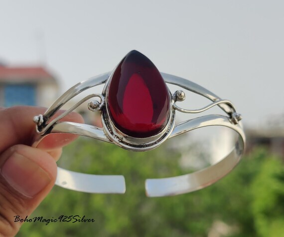 Red Garnet Bangle: Handmade Sterling Silver Adjustable Gemstone Jewelry Red Garnet Bangle: Handmade Sterling Silver Adjustable Gemstone Jewelry