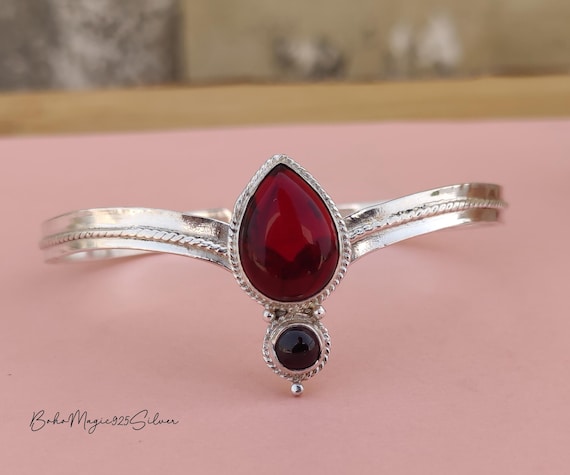 Red Garnet Silver Bangle: Handmade 925 Sterling Gemstone Cuff