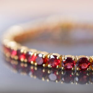 Red Garnet Tennis Bracelet – Sterling Silver, 14K Gold Overlay Red Garnet Tennis Bracelet – Sterling Silver, 14K Gold Overlay