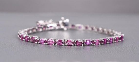 Rhodolite Garnet Bracelet, 925 Sterling Silver, Oval Gemstone Line