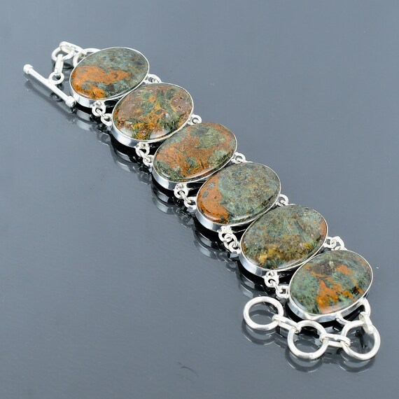 Spessartine Garnet In Limestone Bracelet: Handmade Sterling Silver Adjustable Jewelry