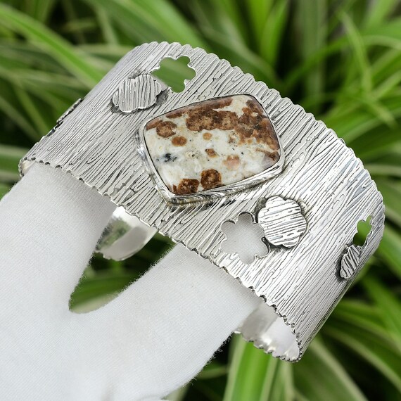 Spessartine Garnet Limestone Cuff Bracelet: Adjustable Sterling Silver Bangle