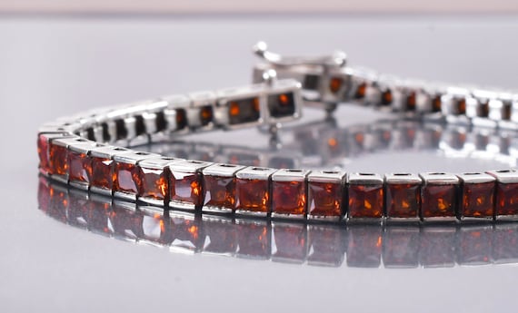 Square Garnet Tennis Bracelet, Sterling Silver, Bridal Jewelry Square Garnet Tennis Bracelet, Sterling Silver, Bridal Jewelry