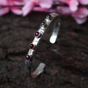 Garnet Sterling Silver Bangle: Multi Stone Cuff, January Birthstone Garnet Sterling Silver Bangle: Multi Stone Cuff, January Birthstone