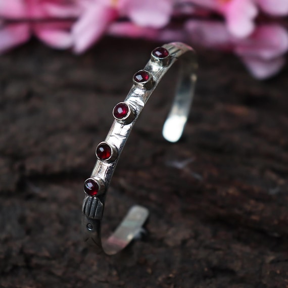 Garnet Sterling Silver Bangle: Multi Stone Cuff, January Birthstone Garnet Sterling Silver Bangle: Multi Stone Cuff, January Birthstone