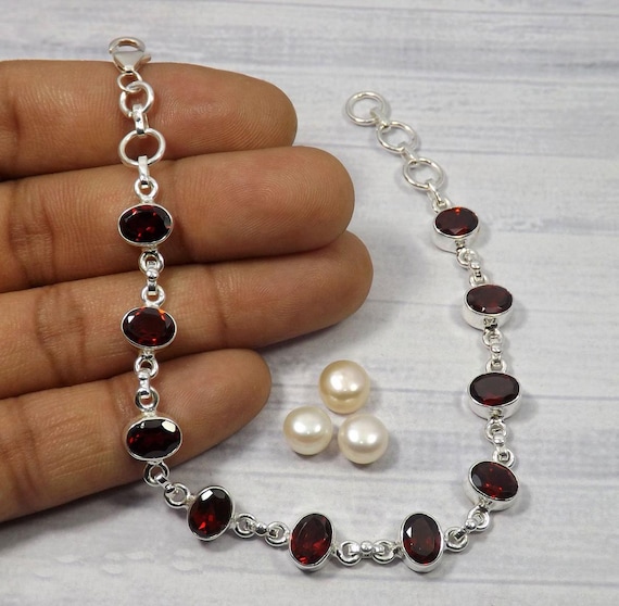 Sterling Silver Garnet Bracelet: Handmade Valentine's Gift