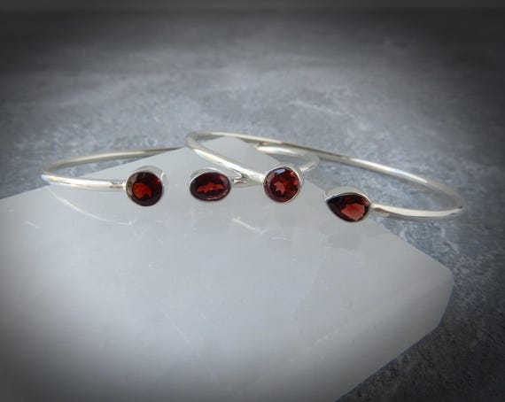 Garnet Bracelet Sterling Silver • Red Garnet Sterling Bangle Bracelet