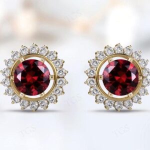 14k Gold Red Garnet Stud Earrings For Her Round Cut Red Garnet Halo Wedding Earrings Unique Moissanite Earrings Anniversary Gift For Women