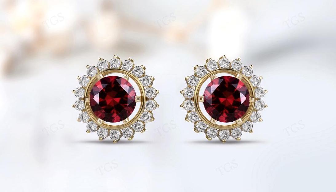 14k Gold Red Garnet Stud Earrings For Her Round Cut Red Garnet Halo Wedding Earrings Unique Moissanite Earrings Anniversary Gift For Women