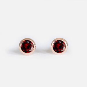 14k Solid Gold Garnet Stud Earrings, Bezel Set Round Red Gemstone Studs, January Birthstone Jewelry, Minimal Dainty Everyday Earrings