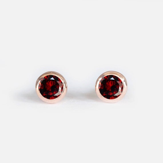 14k Solid Gold Garnet Stud Earrings, Bezel Set Round Red Gemstone Studs, January Birthstone Jewelry, Minimal Dainty Everyday Earrings