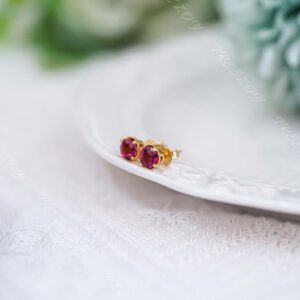5mm Round Genuine Garnet Stud Earrings, January Birthstone, Gold Earring Gift