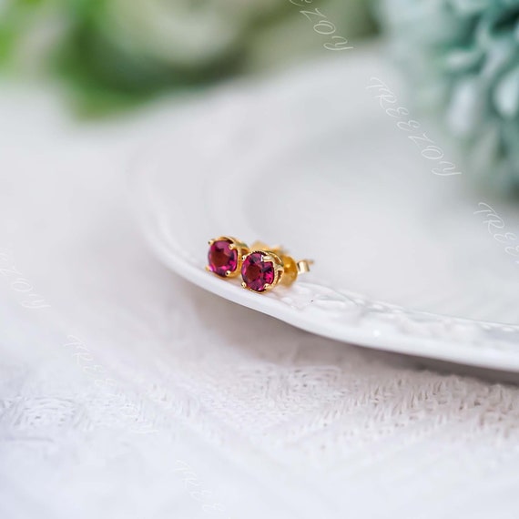 5mm Round Genuine Garnet Stud Earrings, January Birthstone, Gold Earring Gift
