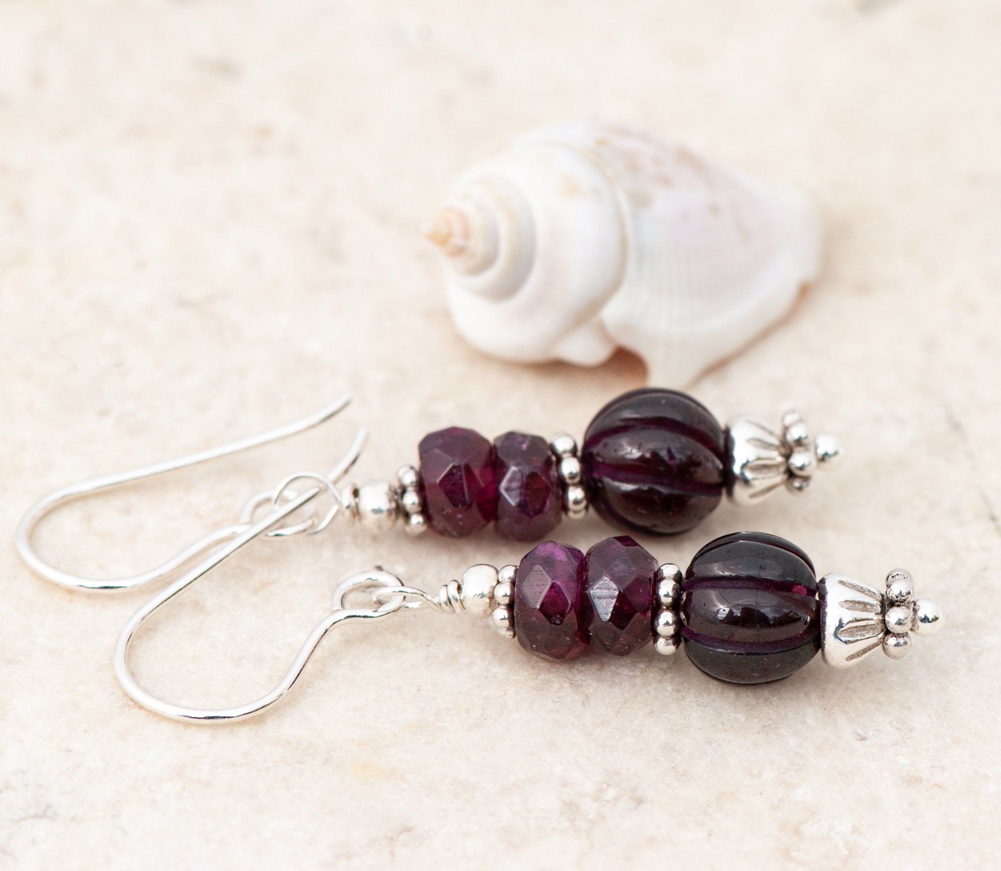 Garnet And Sterling Silver Bead Earrings, Rustic Deep Red Gemstone Dangles, 925 Sterling Silver French Ear Wires, Hill Tribe Silver