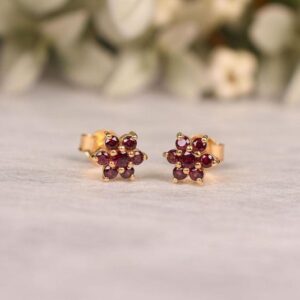 Garnet Earrings, Bridal earring Vintage art deco Stud earring, Anniversary gifts, Flower Studs