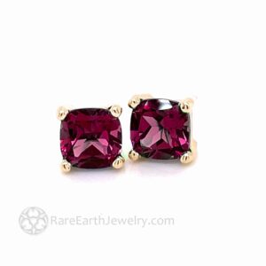 Cushion Cut Rhodolite Garnet Earrings 14k Gold Red Garnet Studs January Birthstone Earrings Square Rhodolite Garnet Stud Earrings